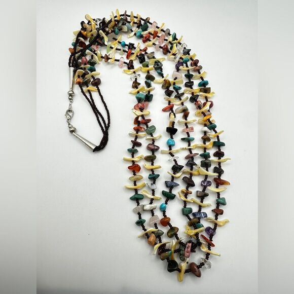 34" Zuni-style fetish, 3-strand, multi-chip stone and seed bead necklace! - Picture 7 of 12
